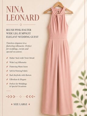 Nina Leonard Blush Pink Halter Wide Leg Jumpsuit Elegant Wedding Guest Large